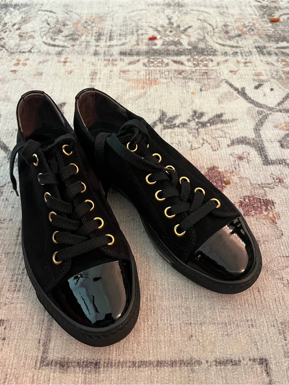 Paul Green Sophie Sneakers Black Suede Patent Toe Gold Tone Eyelets 5.5 nwot